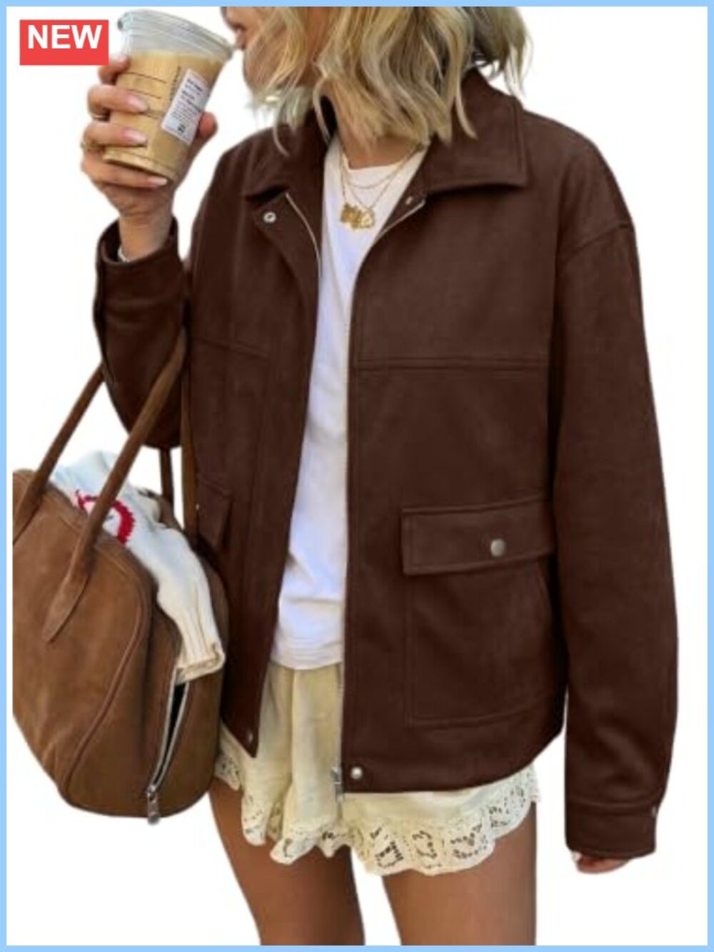 Faux Suede Bomber Jacket Women Oversized Casual Zip Up